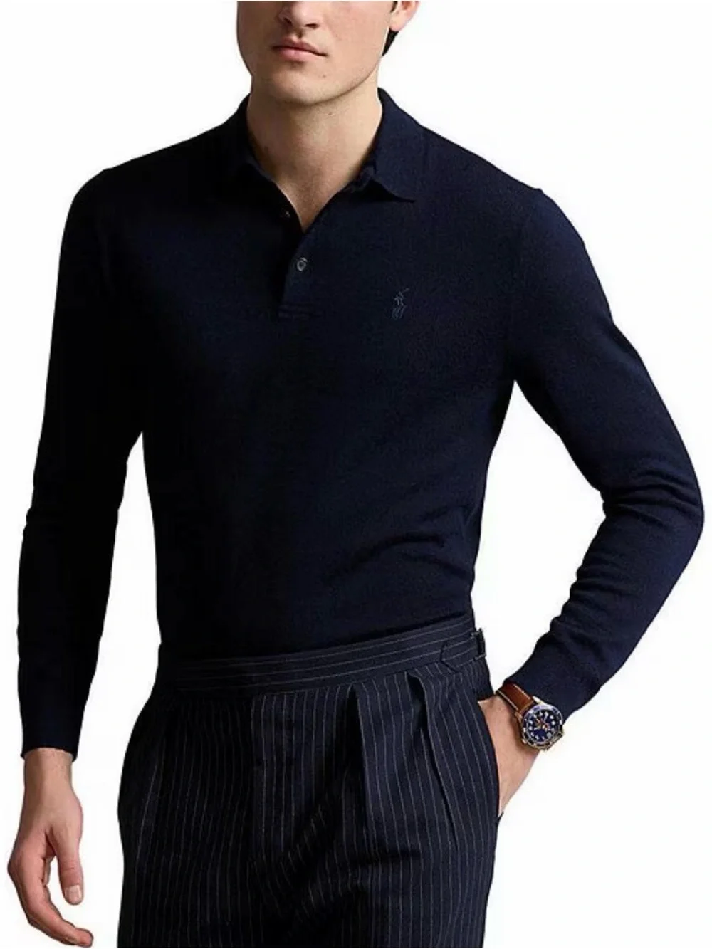 Polo-Style Long Sleeve wool Shirt - Navy